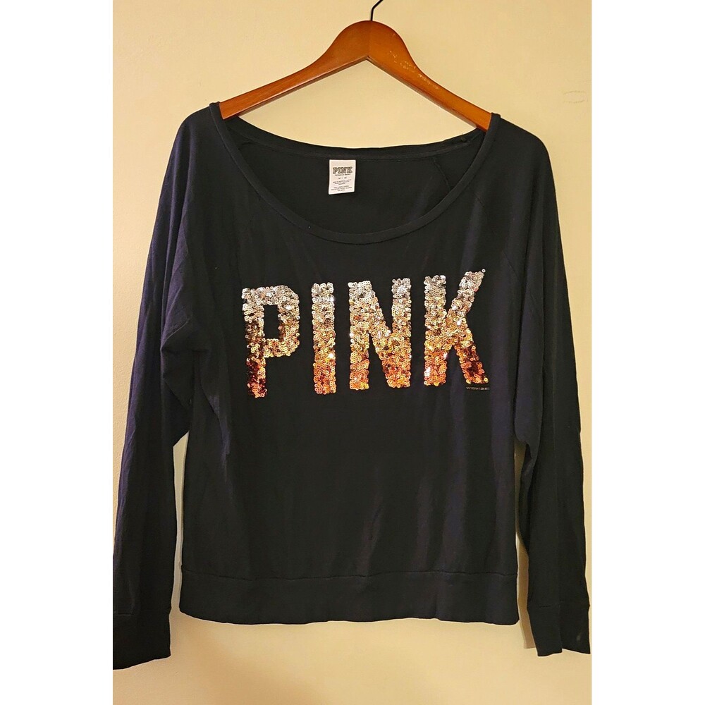 PINK Victoria's Secret Navy Sequin Logo Long Sleeve Scoop Neck Relaxed Tee M